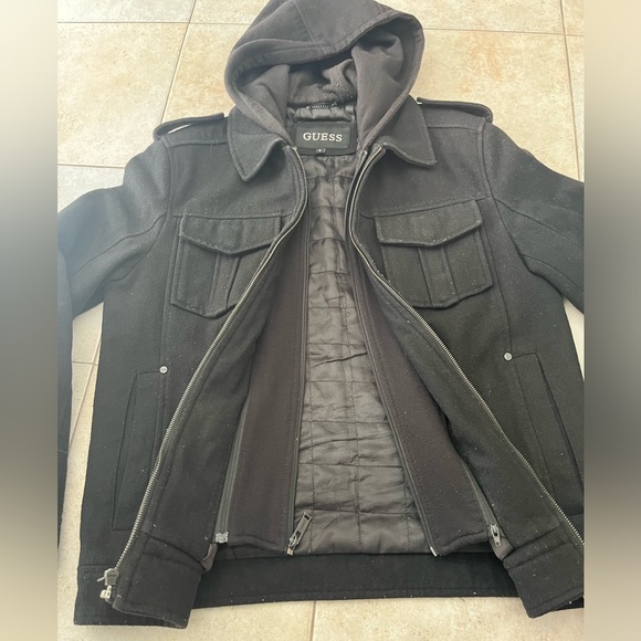 Guess Men’s Small Coat Jacket With removable Hoodie, Black - Picture 2 of 7